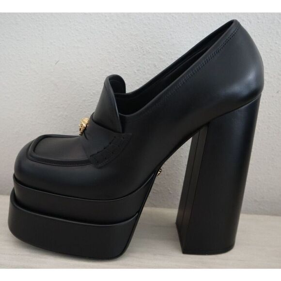 VERSACE WMN Sz 40 US 8.5 Black Mocassino Vitellino Leather High Heel Pumps - Picture 10 of 16